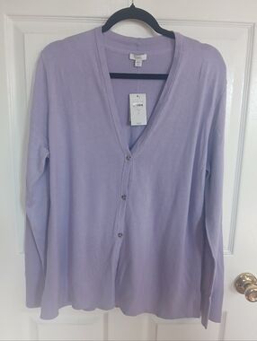 NWT J. Jill Lavender V-Neck Buttoned Cardigan Organic Cotton Preppy Cottage LT